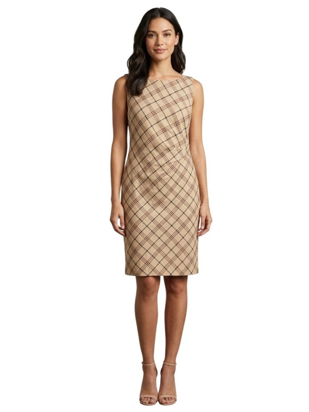 Talbots Plaid Dress Size 14 Beige Sheath Sleeveless Wool Blend Boat Neck